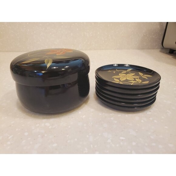Japanese Lacquered Bamboo (6) Black Coasters Round Box Gold Floral Design - Picture 10 of 12